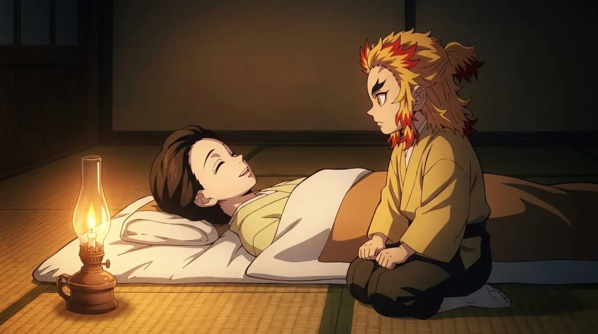 Rengoku criança com sua mãe Ruka Rengoku em cena de infância Demon Slayer