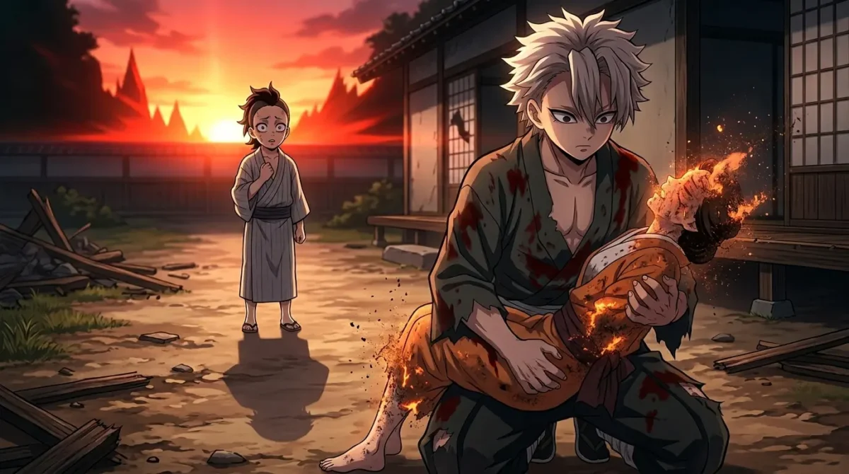 Sanemi Shinazugawa com Marca do Caçador lutando contra Kokushibo Lua Superior 1 em Demon Slayer