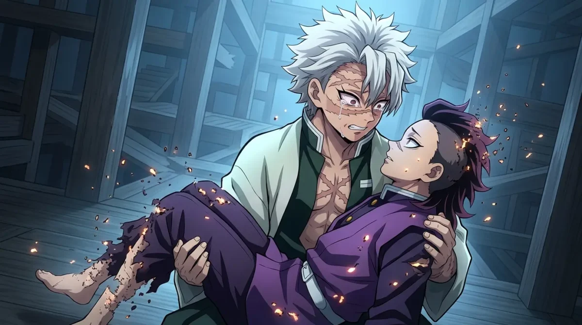 Sanemi Shinazugawa com katana Nichirin e cicatrizes no rosto em Demon Slayer