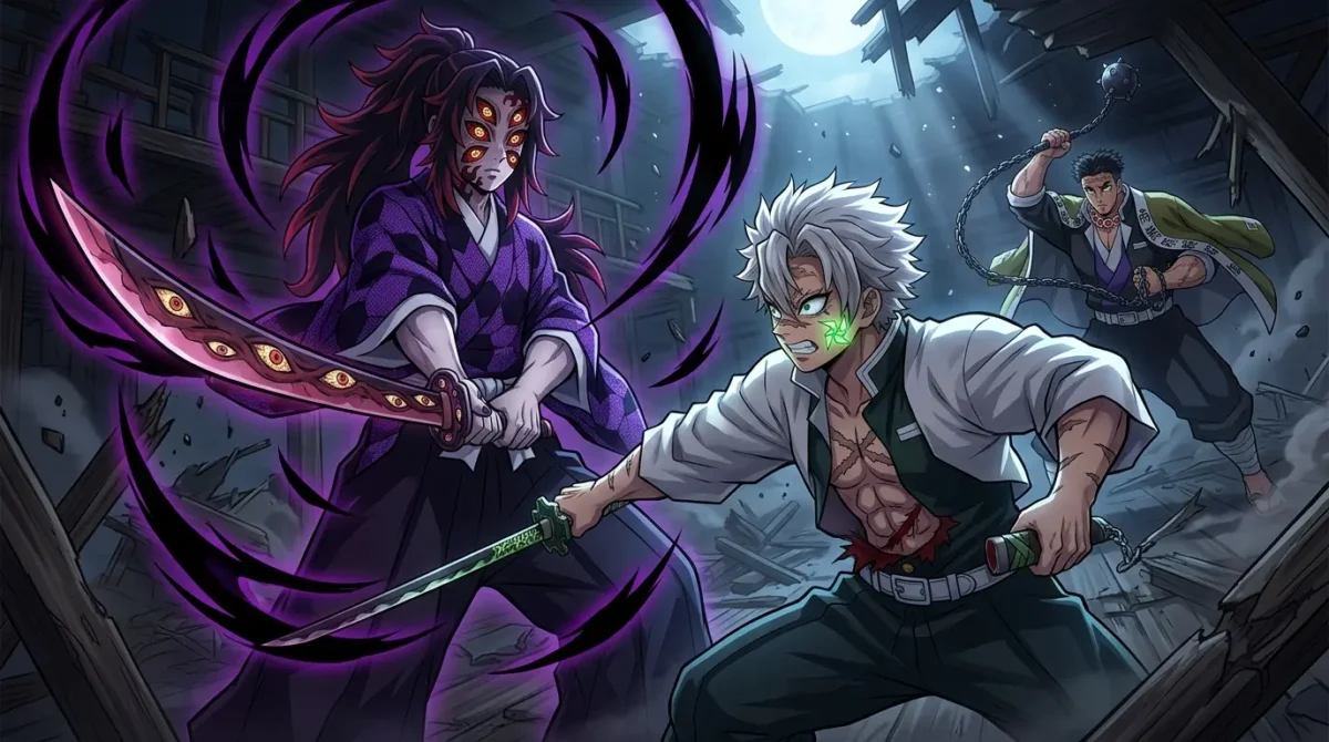 Sanemi Shinazugawa jovem segurando corpo da mãe oni enquanto Genya observa em Demon Slayer