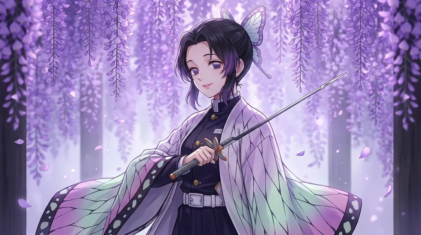 Shinobu Kocho com espada ferrão Nichirin e haori de borboleta em Demon Slayer