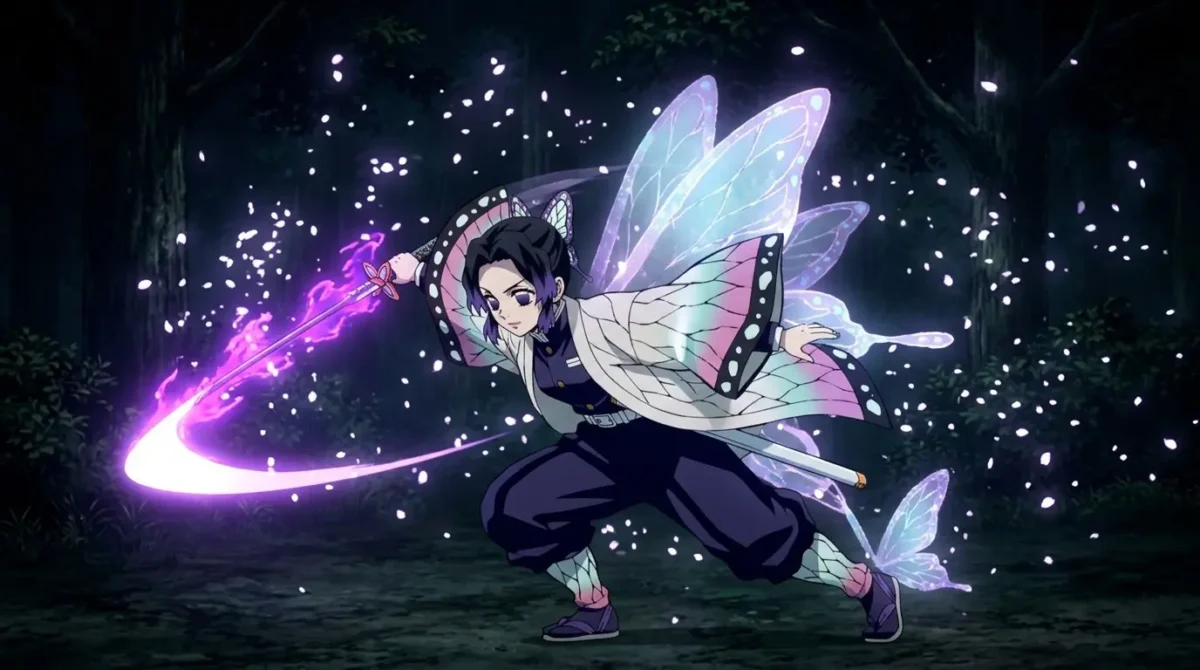 Shinobu Kocho: Tudo sobre a Hashira do Inseto de Demon Slayer 3 Shinobu Kocho em posição de ataque com Respiração do Inseto em Demon Slayer