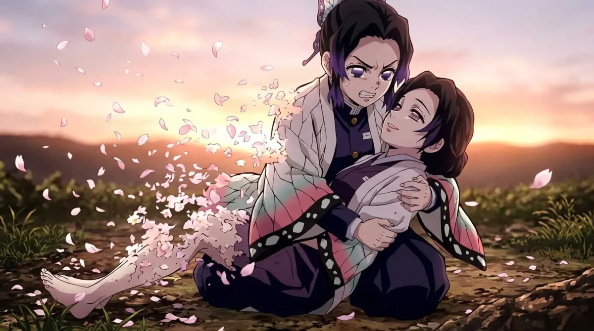 Shinobu Kocho: Tudo sobre a Hashira do Inseto de Demon Slayer 2 Shinobu Kocho segurando Kanae Kocho moribunda nos braços em Demon Slayer