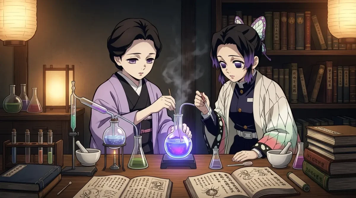Tamayo desenvolvendo a droga anti-Muzan em laboratório com Shinobu Kocho em Demon Slayer