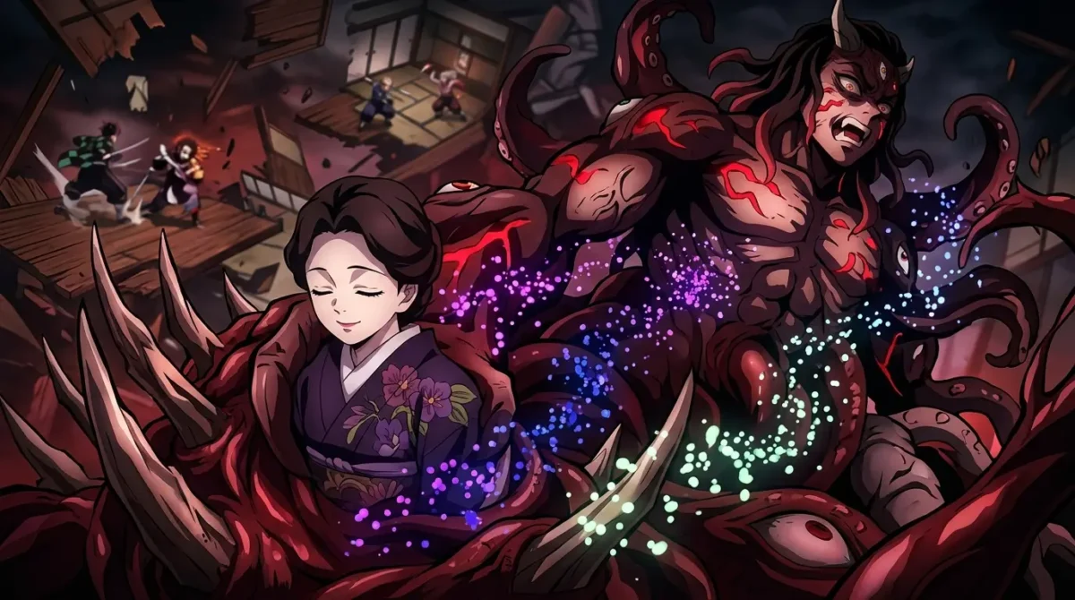 Tamayo sendo absorvida por Muzan durante batalha final em Demon Slayer