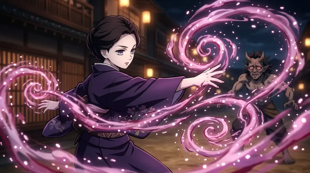 Tamayo usando névoa de sangue colorida para manipular emoções em Demon Slayer