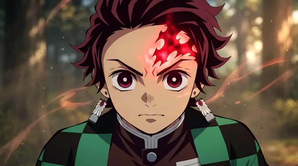 Tanjiro Kamado com a Marca do Caçador brilhando na testa em Demon Slayer