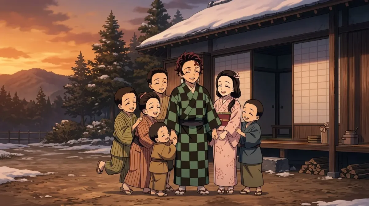 Tanjiro Kamado jovem com Nezuko e a família Kamado na Era Taisho