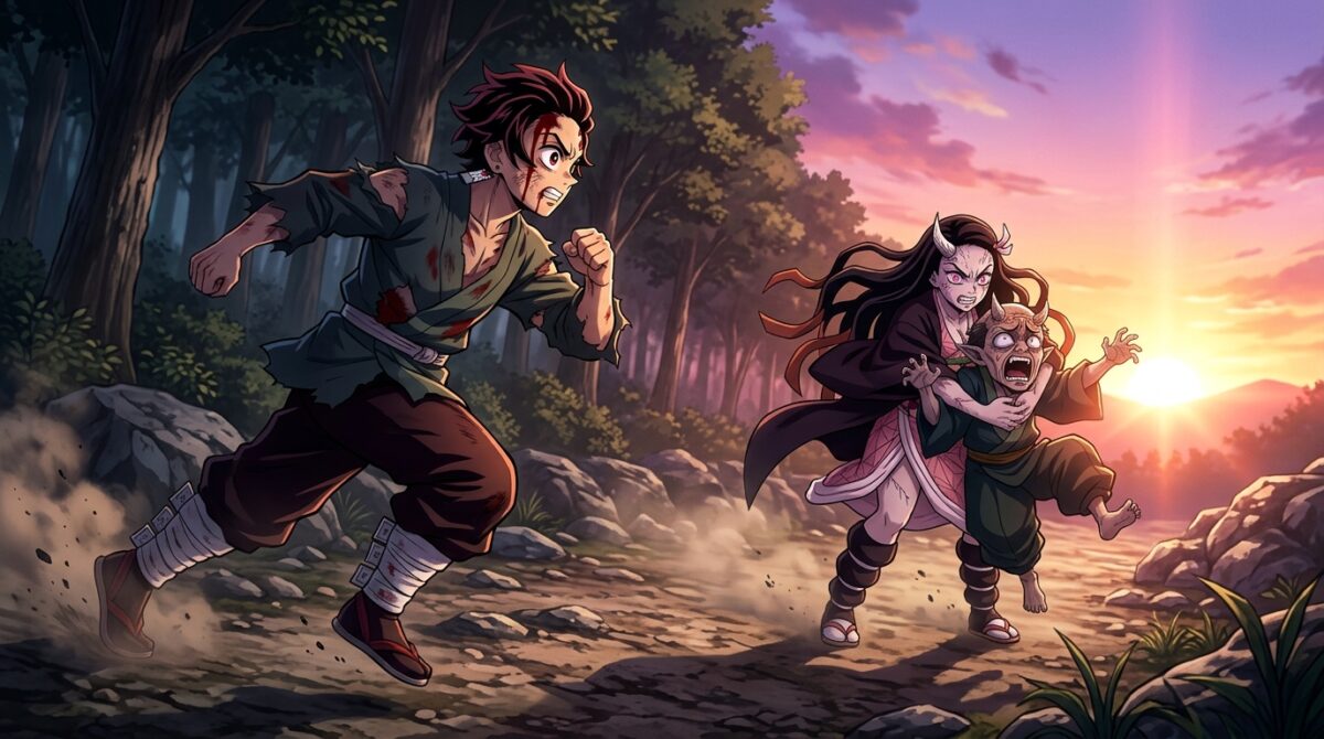 Tanjiro Kamado perseguindo Hantengu verdadeiro ao amanhecer em Demon Slayer