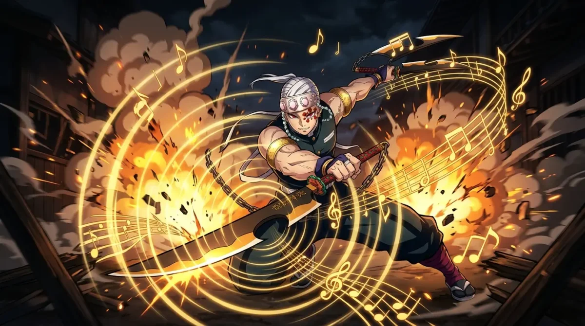Tengen Uzui ativando Respiração do Som com ondas sonoras e explosões em Demon Slayer