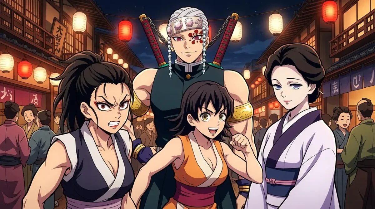 Tengen Uzui com as três esposas Makio Suma e Hinatsuru em Demon Slayer