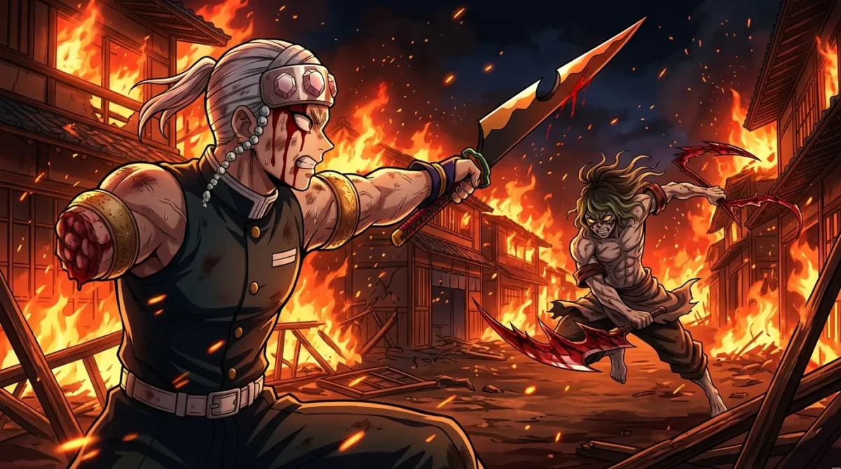 Tengen Uzui sem braço esquerdo enfrentando Gyutaro Lua Superior 6 em Demon Slayer