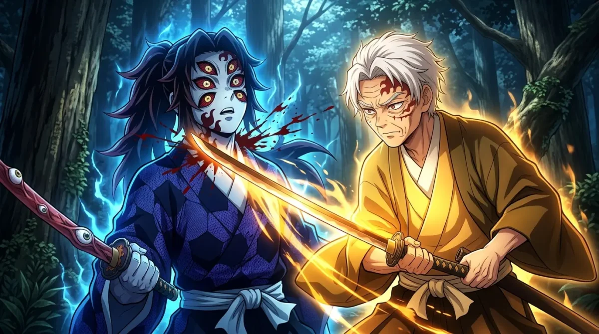 Yoriichi Tsugikuni ancião cortando o pescoço de Kokushibo no último encontro em Demon Slayer