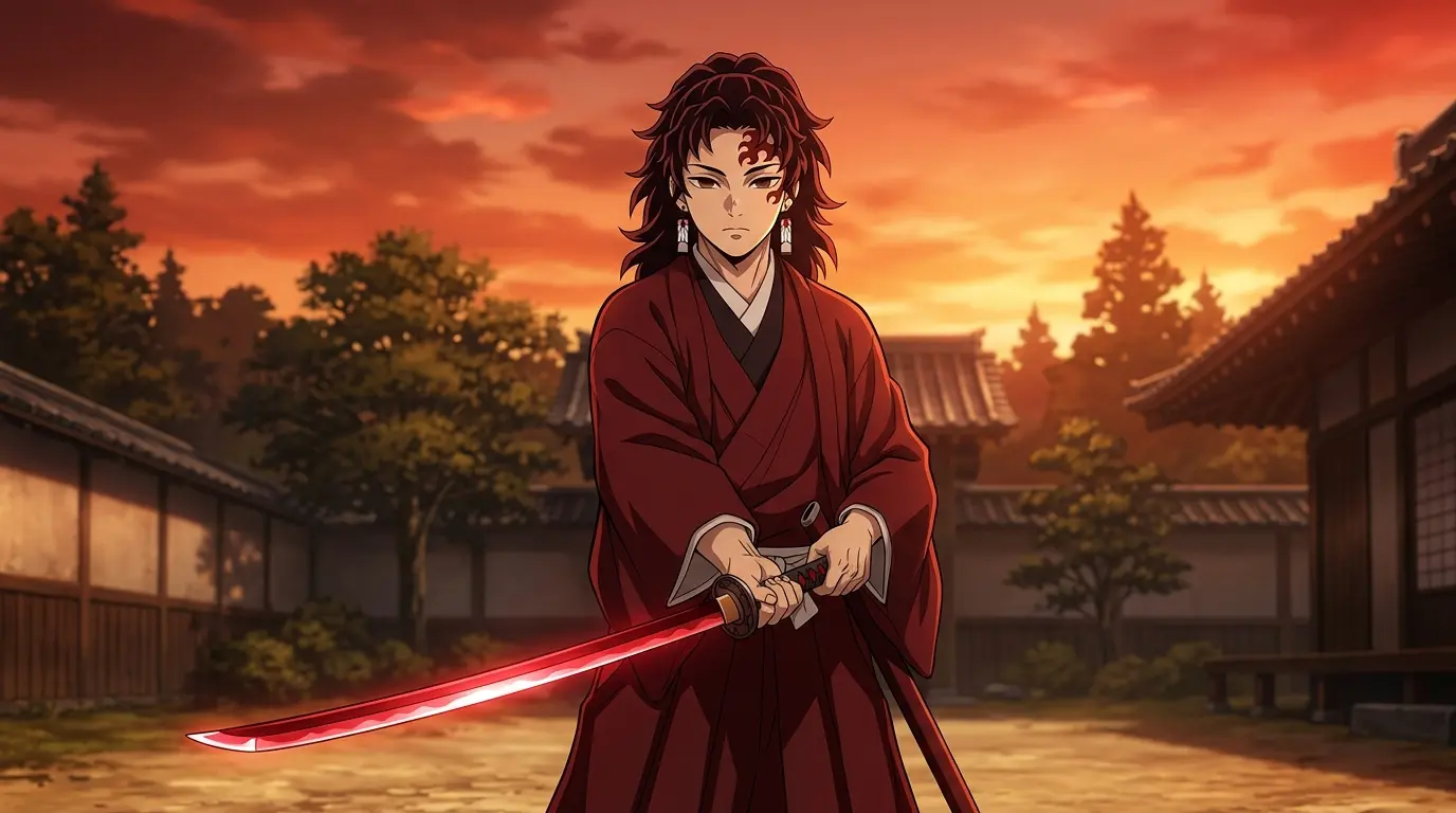 Yoriichi Tsugikuni com espada vermelha carmesim e Marca do Caçador em Demon Slayer