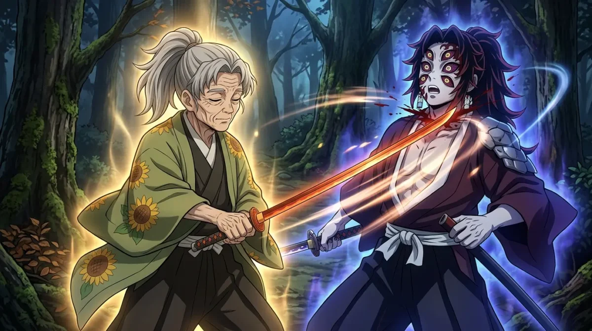 Yoriichi ancião cortando pescoço de Kokushibo antes de morrer de pé em Demon Slayer