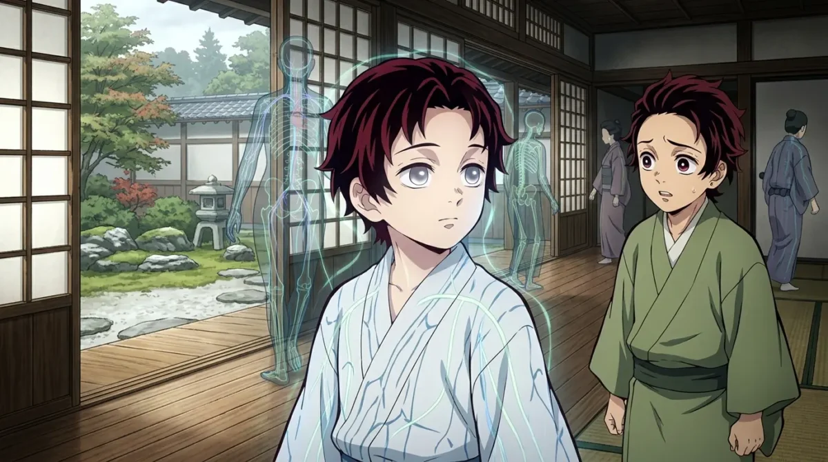 Yoriichi criança silencioso com olhos que enxergam o Mundo Transparente em Demon Slayer