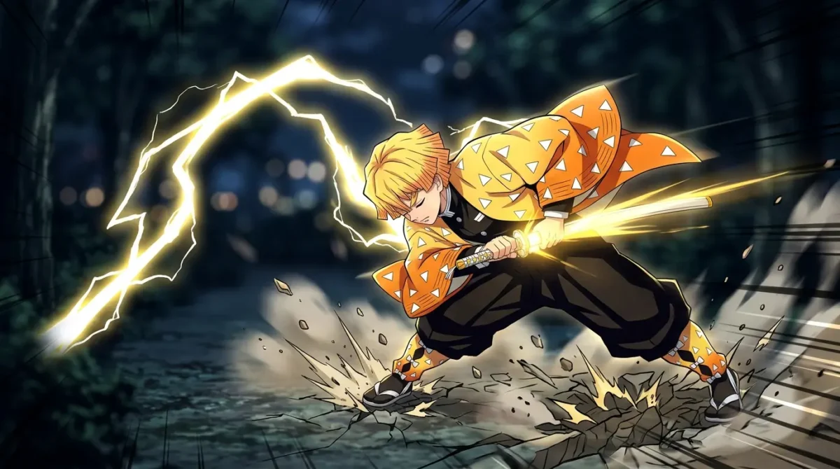 Zenitsu usando a Primeira Forma da Respiração do Trovão com velocidade extrema