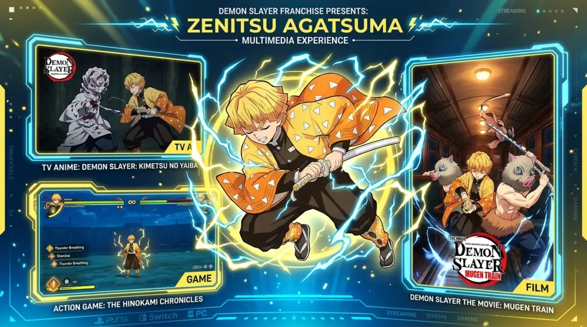 Zenitsu Agatsuma em diferentes mídias de Demon Slayer, anime, filme e game