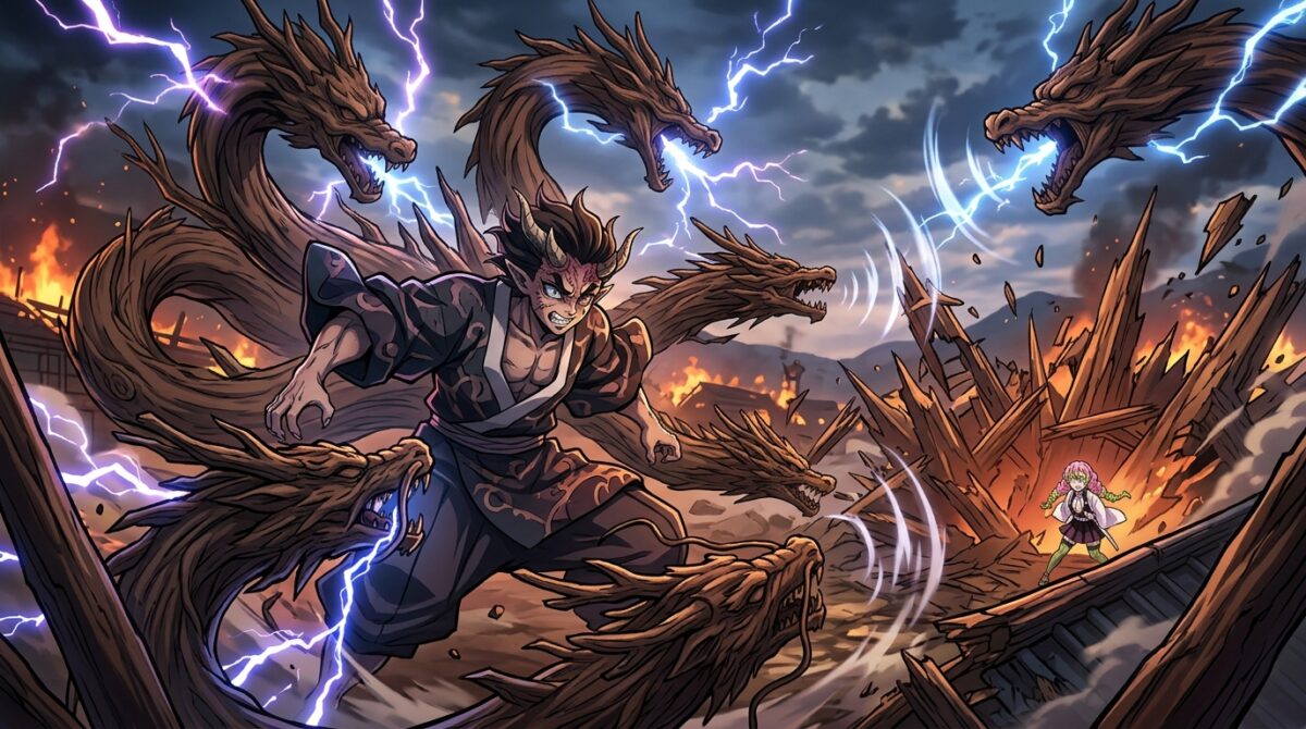 Zohakuten forma combinada de Hantengu com dragões de madeira e trovões em Demon Slayer